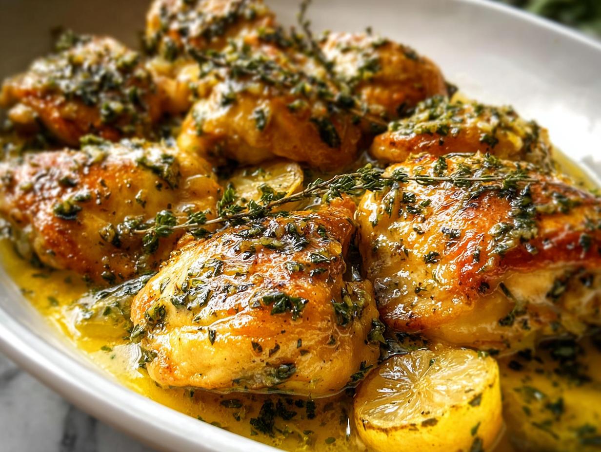 Close-up of juicy, roasted chicken thighs covered in a bright lemon-herb sauce, part of Healthy Chicken Dinner Recipes.