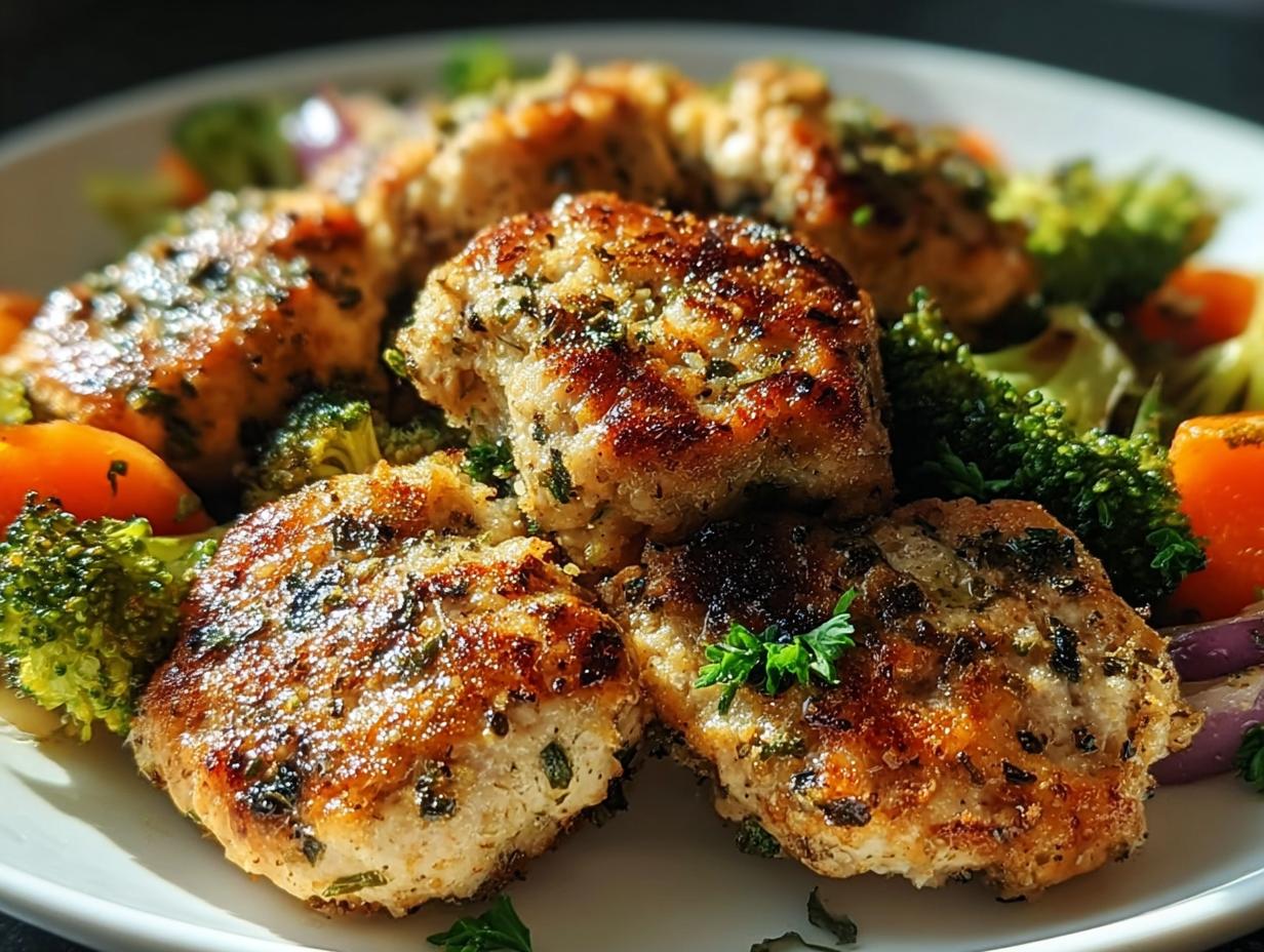 Close-up of pan-seared, herb-crusted chicken patties served with bright green broccoli and orange carrots, part of 7 Genius Healthy Meals Recipes Ideas.