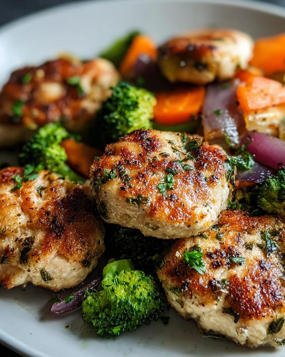Close-up of pan-seared chicken patties served with roasted broccoli, carrots, and red onion, a perfect example of 7 Genius Healthy Meals Recipes Ideas for Busy Weeknights.