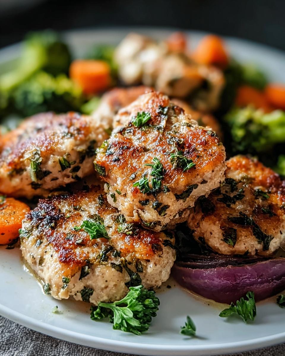 Close-up of golden brown, pan-seared chicken patties seasoned with herbs, served with roasted vegetables for healthy meals.