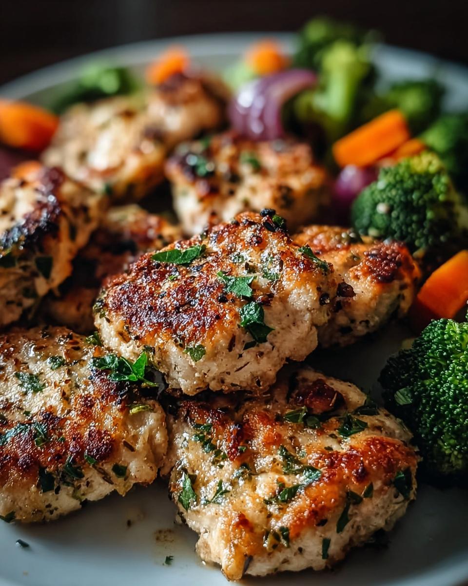 Close-up of pan-seared chicken patties garnished with parsley, served with steamed broccoli and carrots.