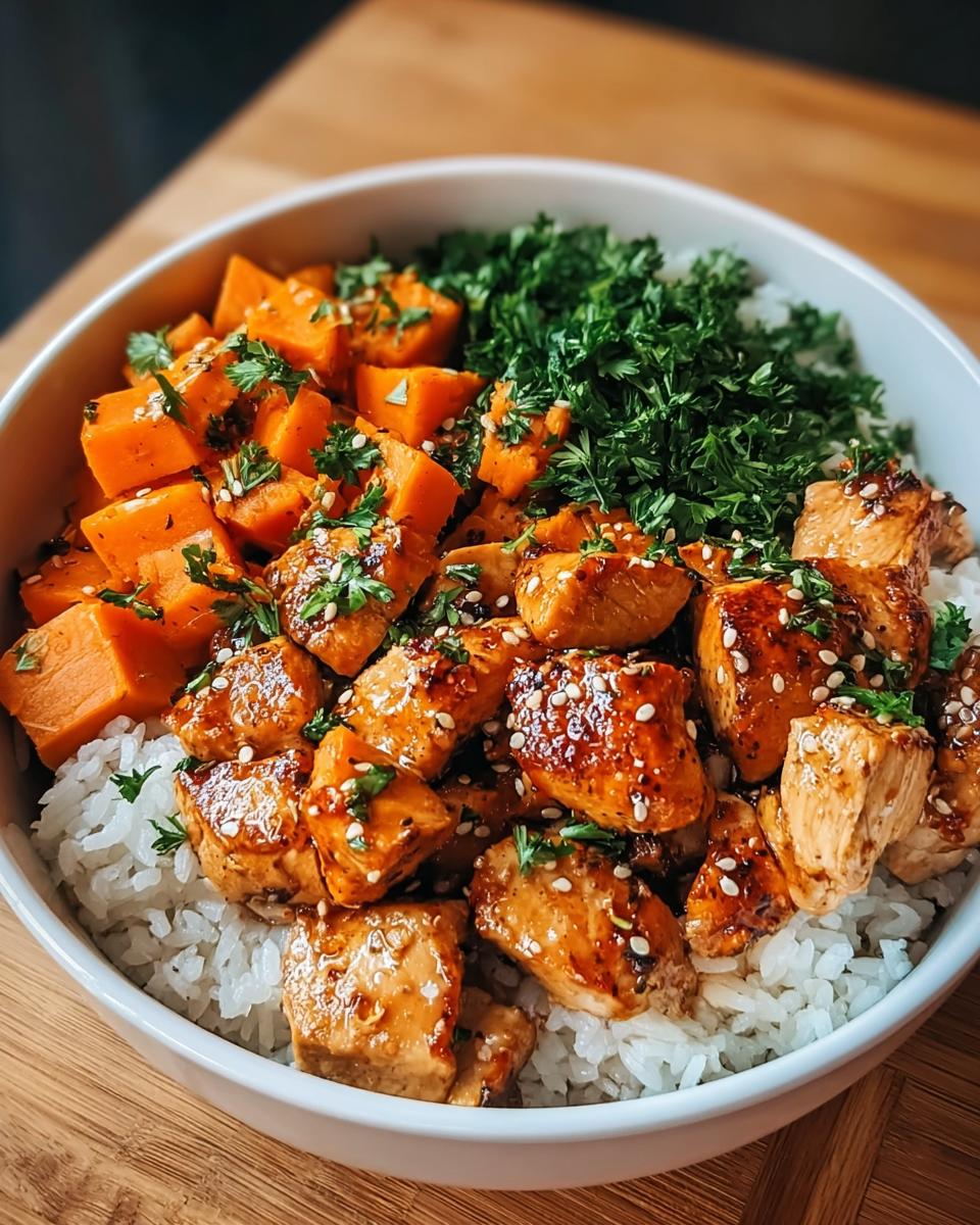 A healthy chicken bowl with glazed chicken, roasted sweet potatoes, rice, and parsley, perfect for Make-Ahead Healthy Lunch & Dinner Ideas.