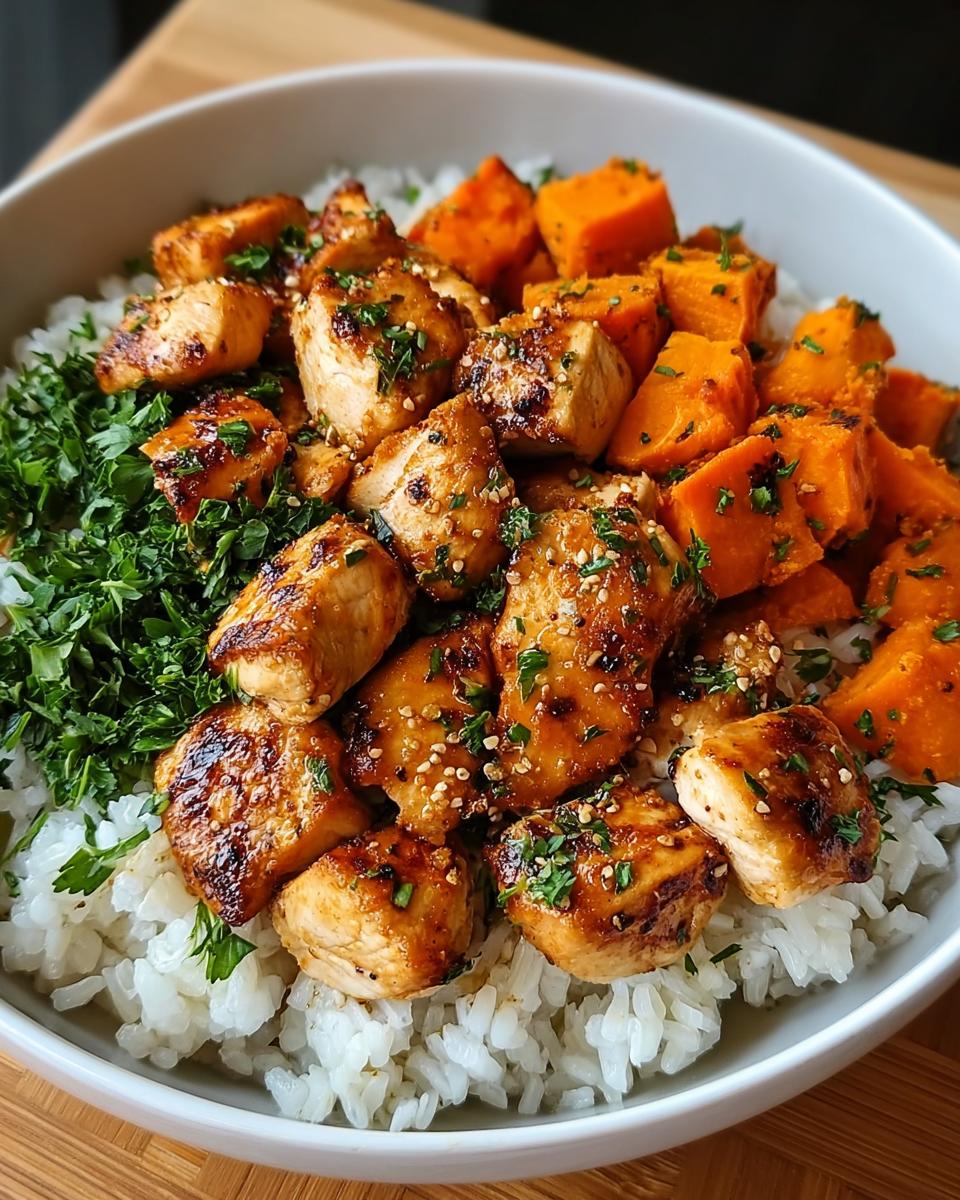 Close-up of a make-ahead healthy lunch or dinner bowl featuring glazed chicken, roasted sweet potatoes, white rice, and fresh parsley.