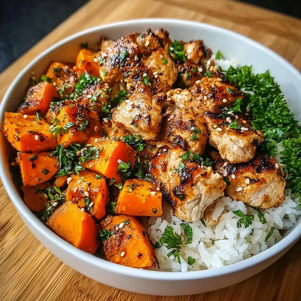 Close-up of a healthy chicken and sweet potato bowl served over white rice, perfect for Make-Ahead Healthy Lunch & Dinner Ideas.