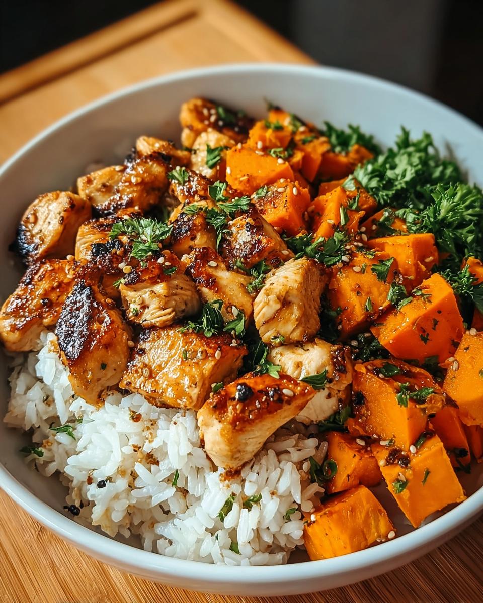 A healthy make-ahead lunch or dinner idea featuring glazed chicken, roasted sweet potatoes, and white rice.
