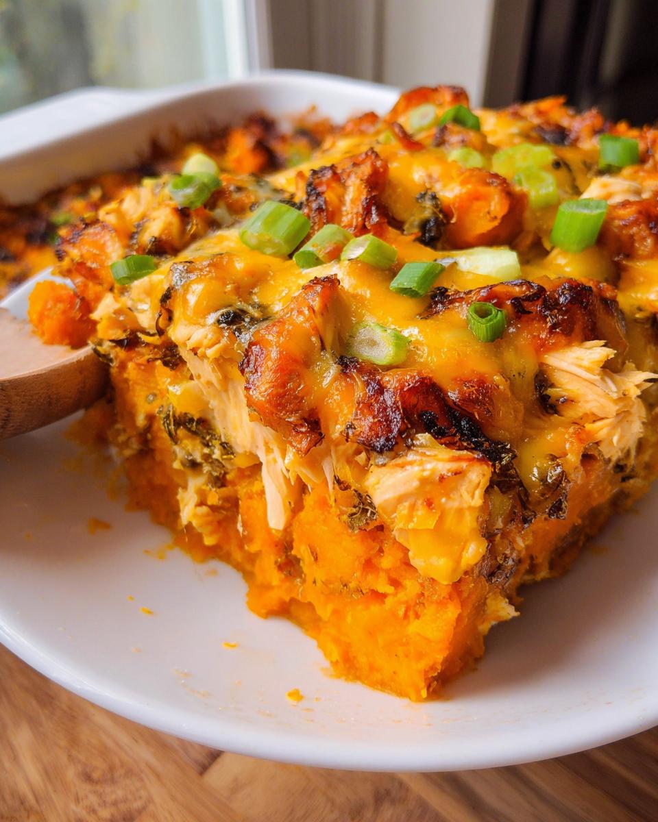 A hearty slice of a baked casserole featuring bright orange sweet potato base, shredded chicken, melted cheese, and green onions, perfect Healthy Comfort Food for Dinner.