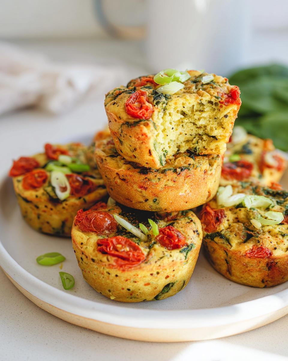 Stack of savory egg muffins with spinach and roasted tomatoes, perfect for Easy Healthy Meal Prep for the Week.
