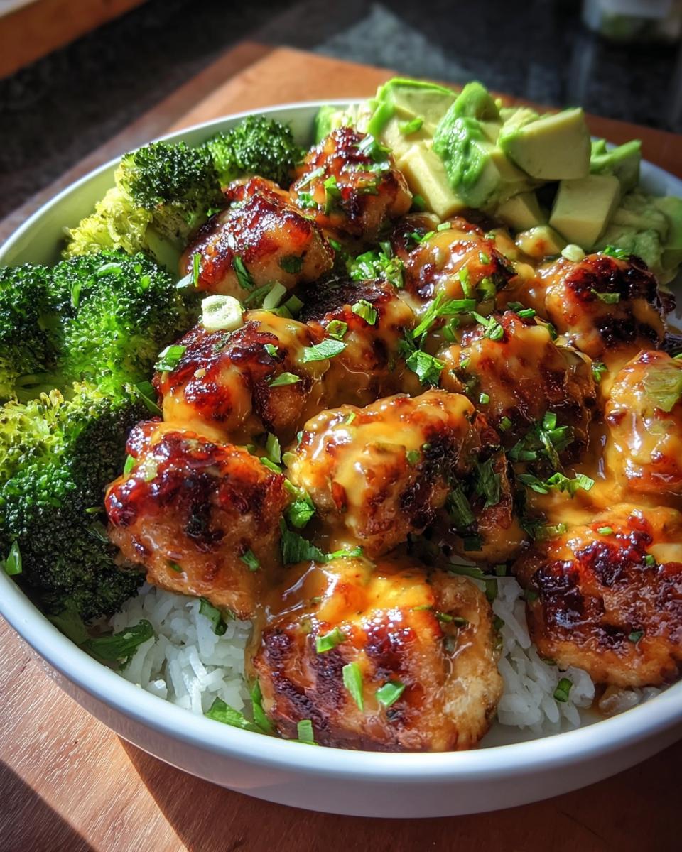 A bowl featuring glazed chicken pieces over rice, served with steamed broccoli and diced avocado, ideal for Restaurant-Style Healthy Meals Recipes at Home.