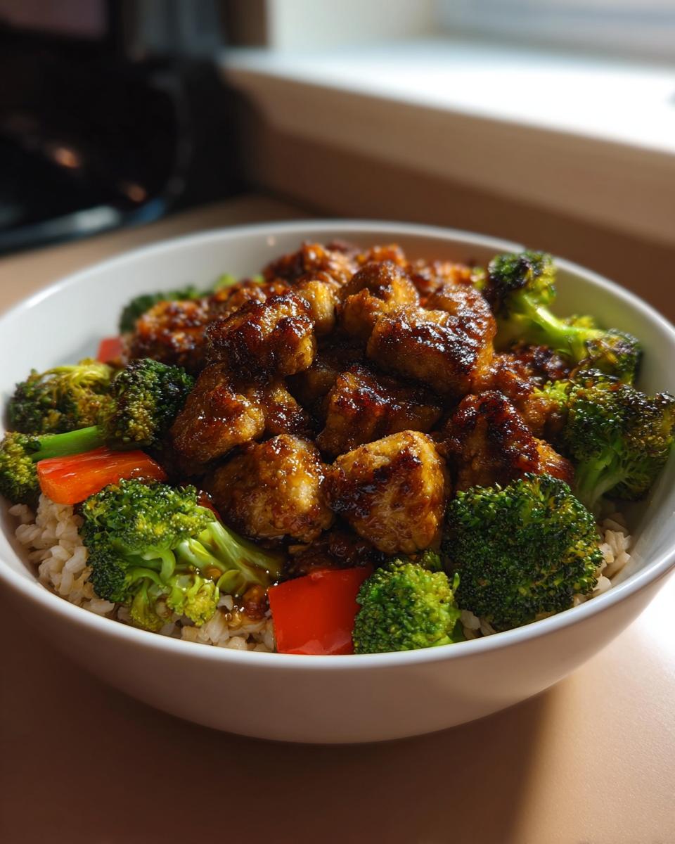 A bowl of glazed chicken pieces with bright green broccoli and red peppers over brown rice, part of 25-Ingredient Healthy Meals Recipes.