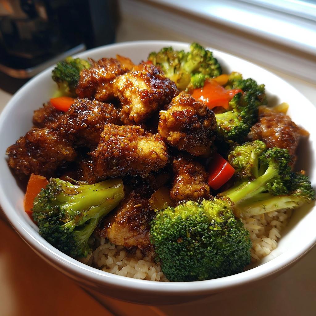 A bowl of glazed chicken pieces with broccoli and peppers served over brown rice, perfect for 25-Ingredient Healthy Meals Recipes.