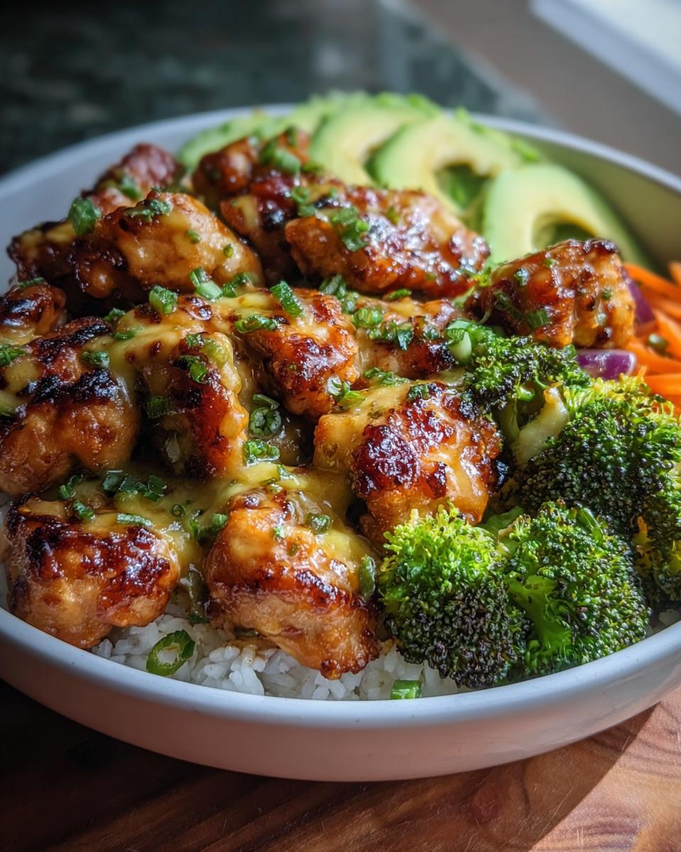 Close-up of a healthy glazed chicken bowl with rice, broccoli, and avocado, perfect for Restaurant-Style Healthy Meals Recipes at Home.