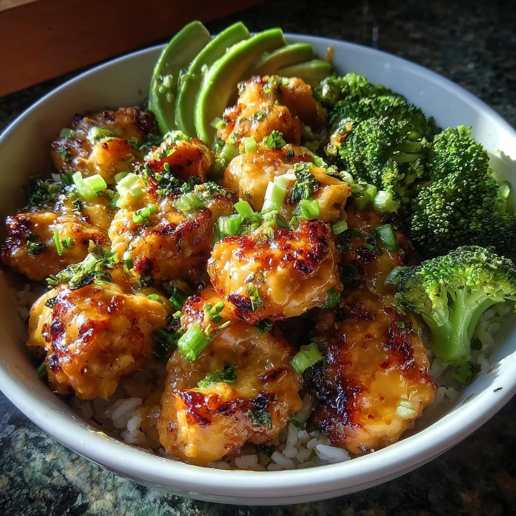 Close-up of a healthy glazed chicken bowl with rice, steamed broccoli, and avocado slices, perfect for Restaurant-Style Healthy Meals Recipes at Home.