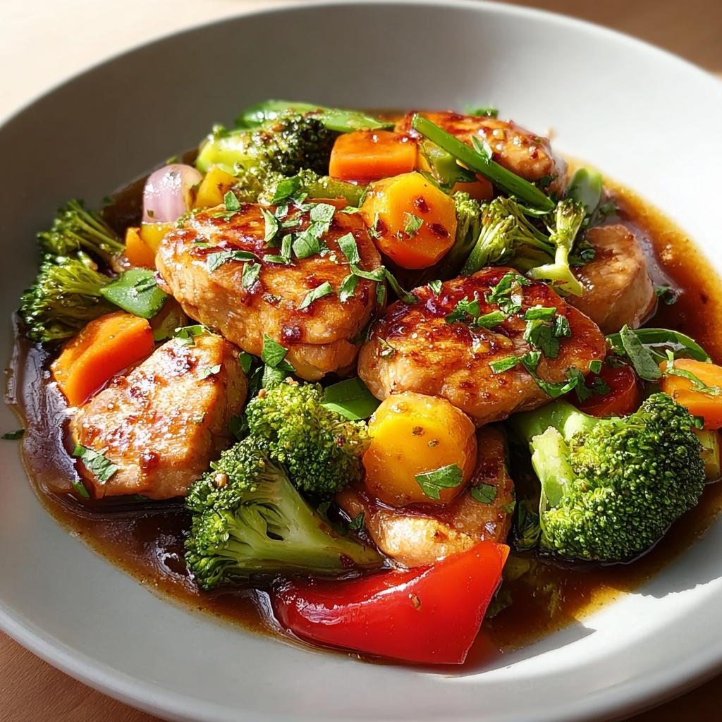 A bowl of healthy meal featuring glazed protein medallions served with bright broccoli, carrots, and peppers.