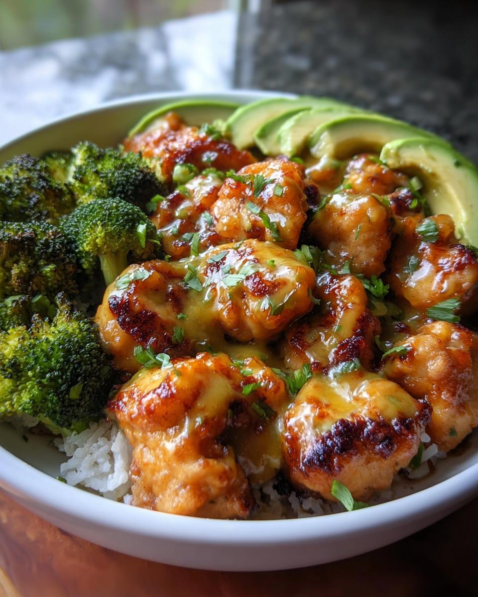 A bowl featuring honey garlic chicken over rice, served with roasted broccoli and sliced avocado, perfect for Restaurant-Style Healthy Meals Recipes at Home.