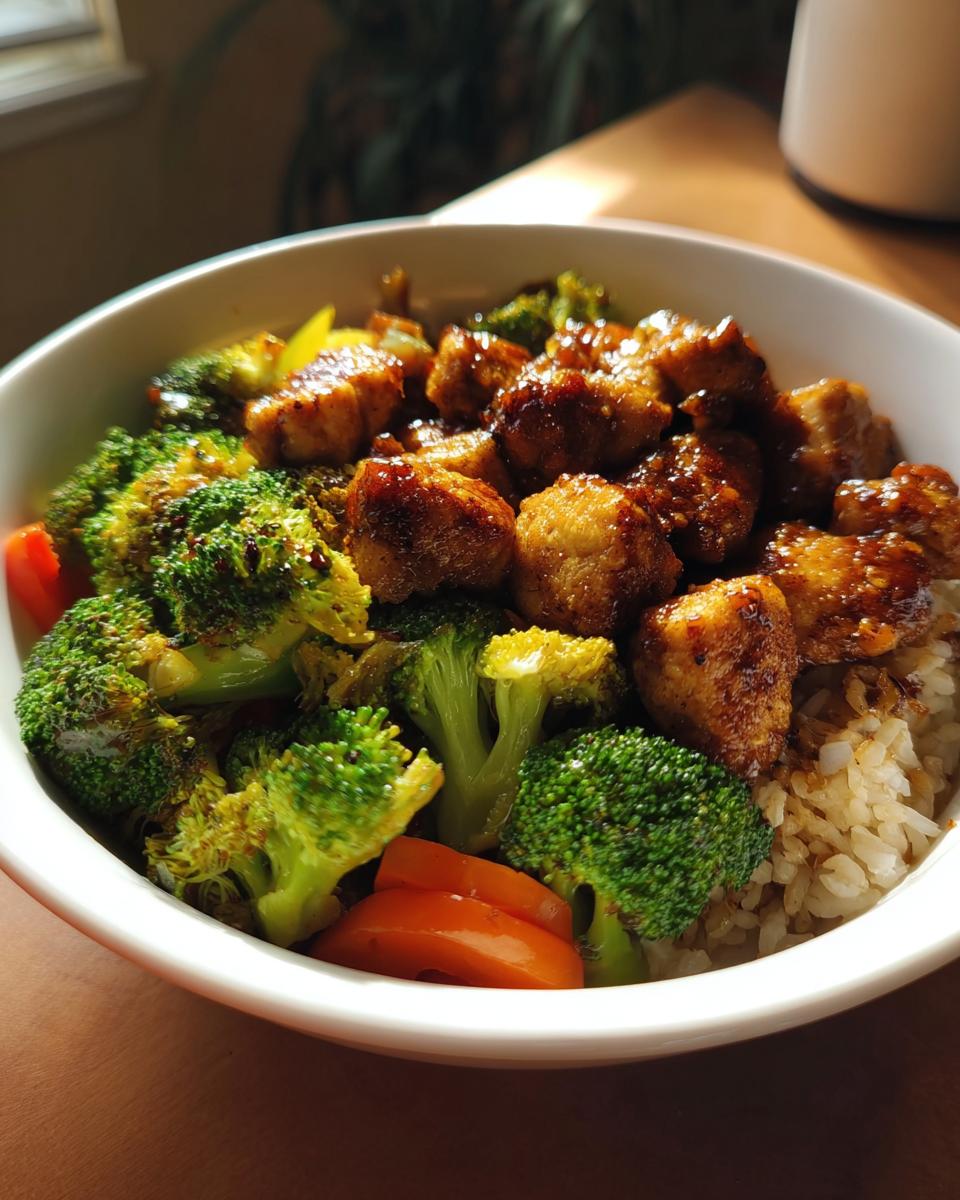 Close-up of a healthy meal bowl featuring glazed chicken pieces, bright green broccoli, and brown rice, fitting for 25-Ingredient Healthy Meals Recipes.