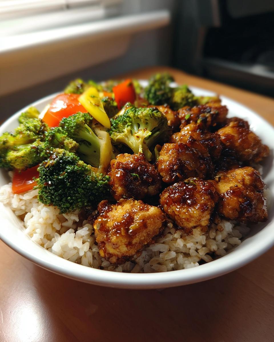A healthy meal bowl featuring brown rice, glazed protein chunks, broccoli, and bell peppers, suitable for 25-Ingredient Healthy Meals Recipes.
