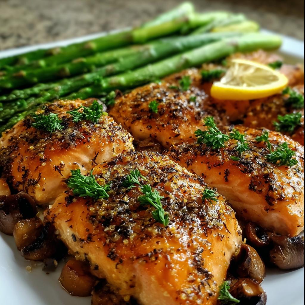 Close-up of glazed salmon fillets topped with herbs and quinoa, served with asparagus, a healthy meal recipe.
