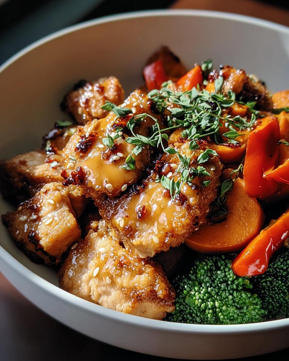 Close-up of a bowl featuring glazed tofu cubes, bright orange sweet potatoes, and green broccoli florets, part of Healthy Meals Recipes in 20 Minutes.