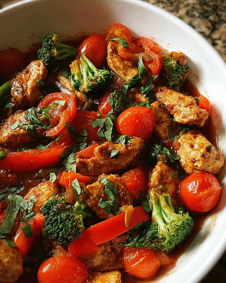 Close-up of a healthy meals recipe featuring chicken pieces, bright red tomatoes, and green broccoli florets in a savory sauce.
