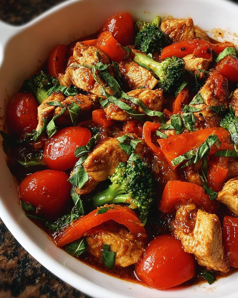 Close-up of a healthy meals recipe featuring chicken pieces, cherry tomatoes, broccoli, and red peppers in a savory sauce.