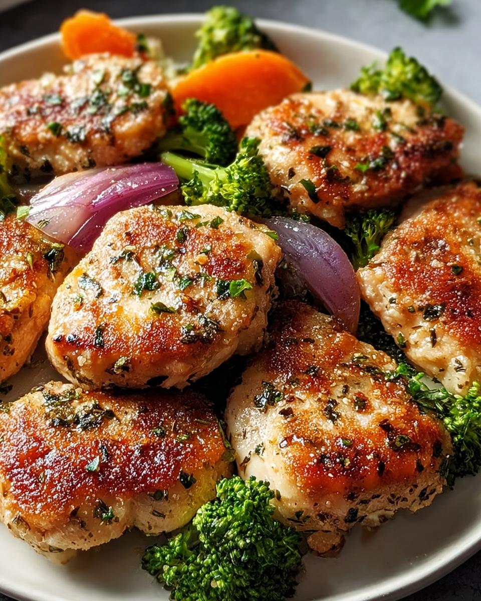 Close-up of pan-seared chicken pieces with herbs, served with broccoli and sweet potatoes for healthy meals.