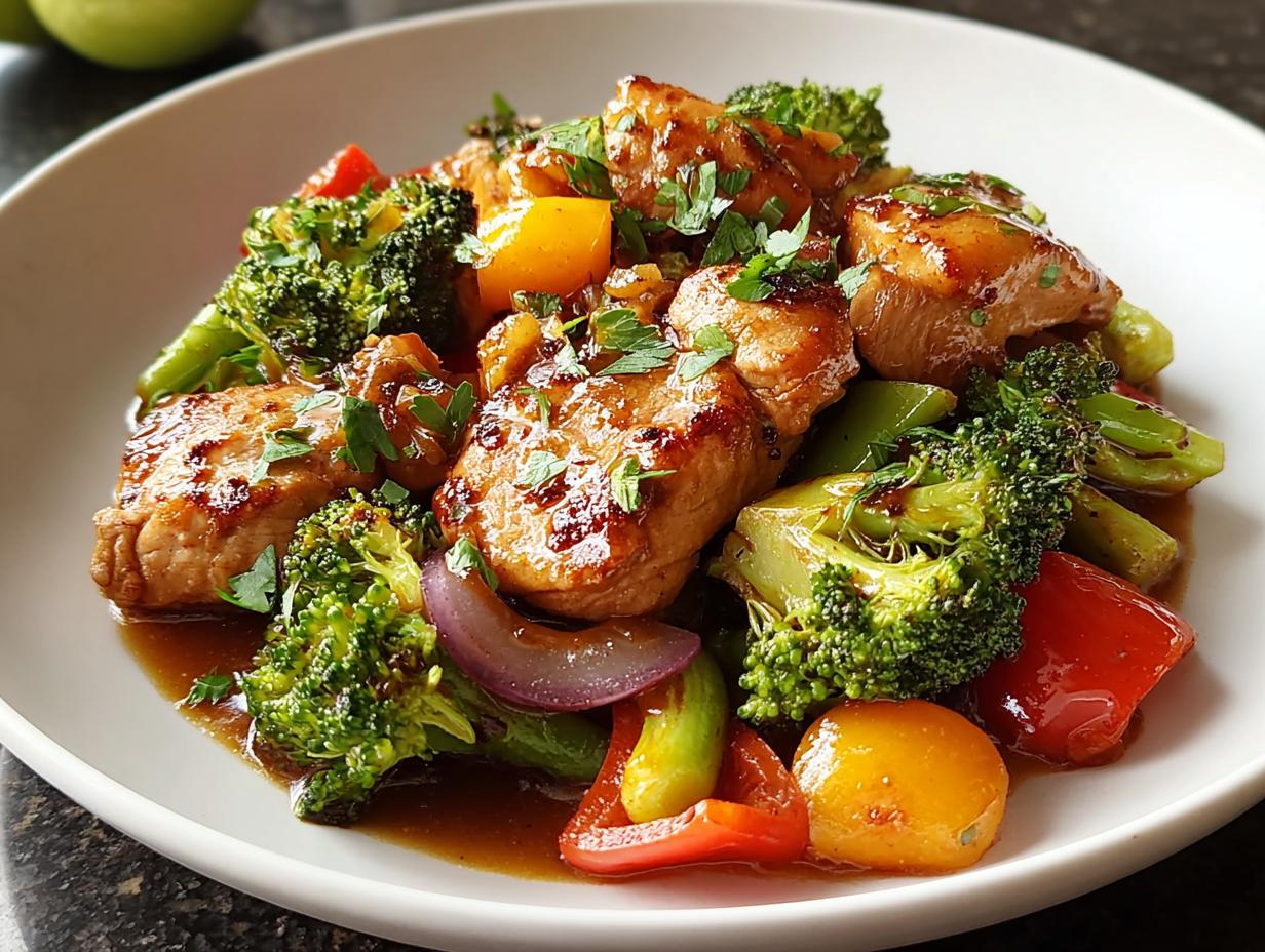 Close-up of a healthy meal recipe featuring glazed chicken pieces with vibrant broccoli, peppers, and onions in a savory sauce.