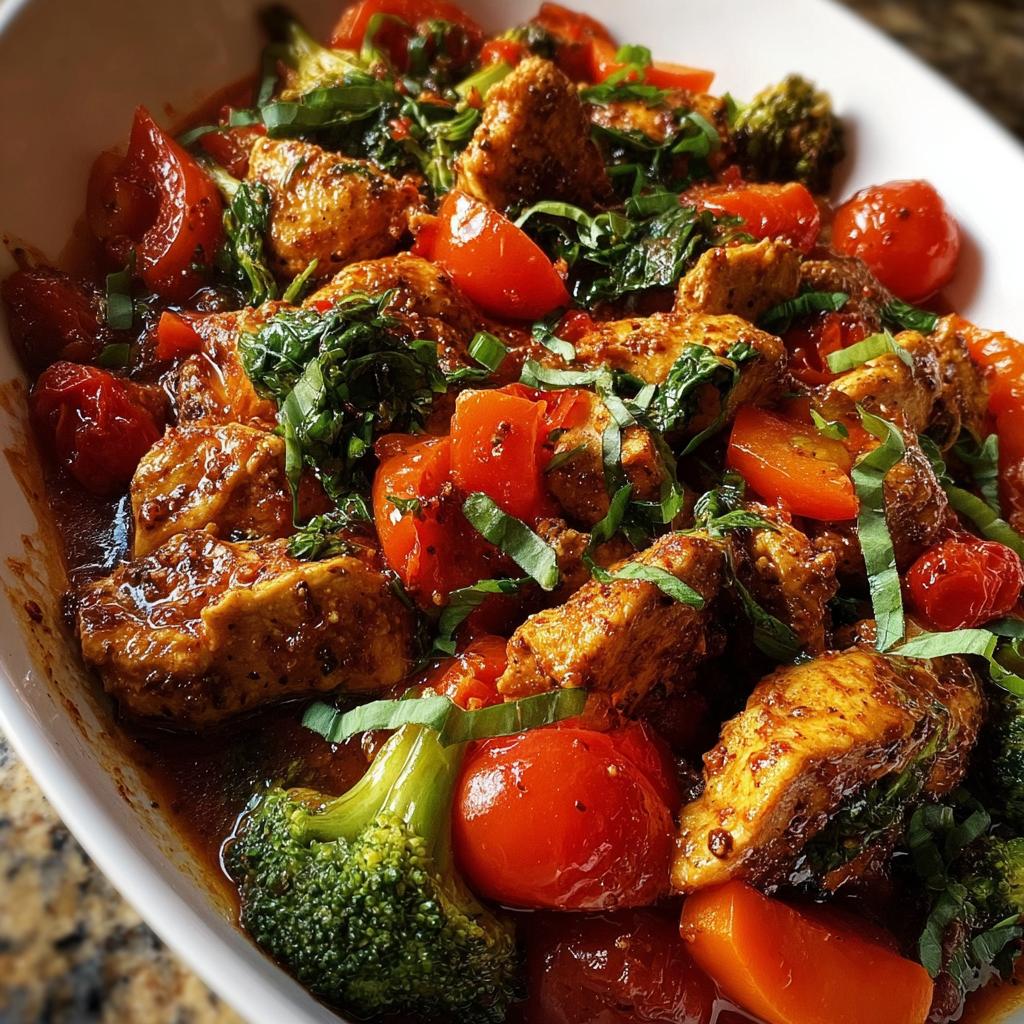Close-up of a vibrant bowl featuring seasoned chicken pieces, cherry tomatoes, and broccoli florets, perfect for healthy meals recipes.