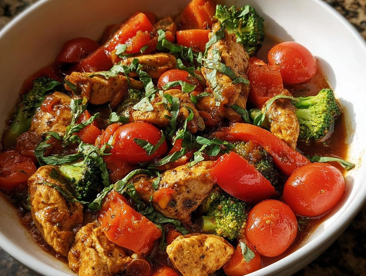 Close-up of a healthy meals recipe featuring seasoned chicken pieces, bright red tomatoes, broccoli florets, and fresh herbs.