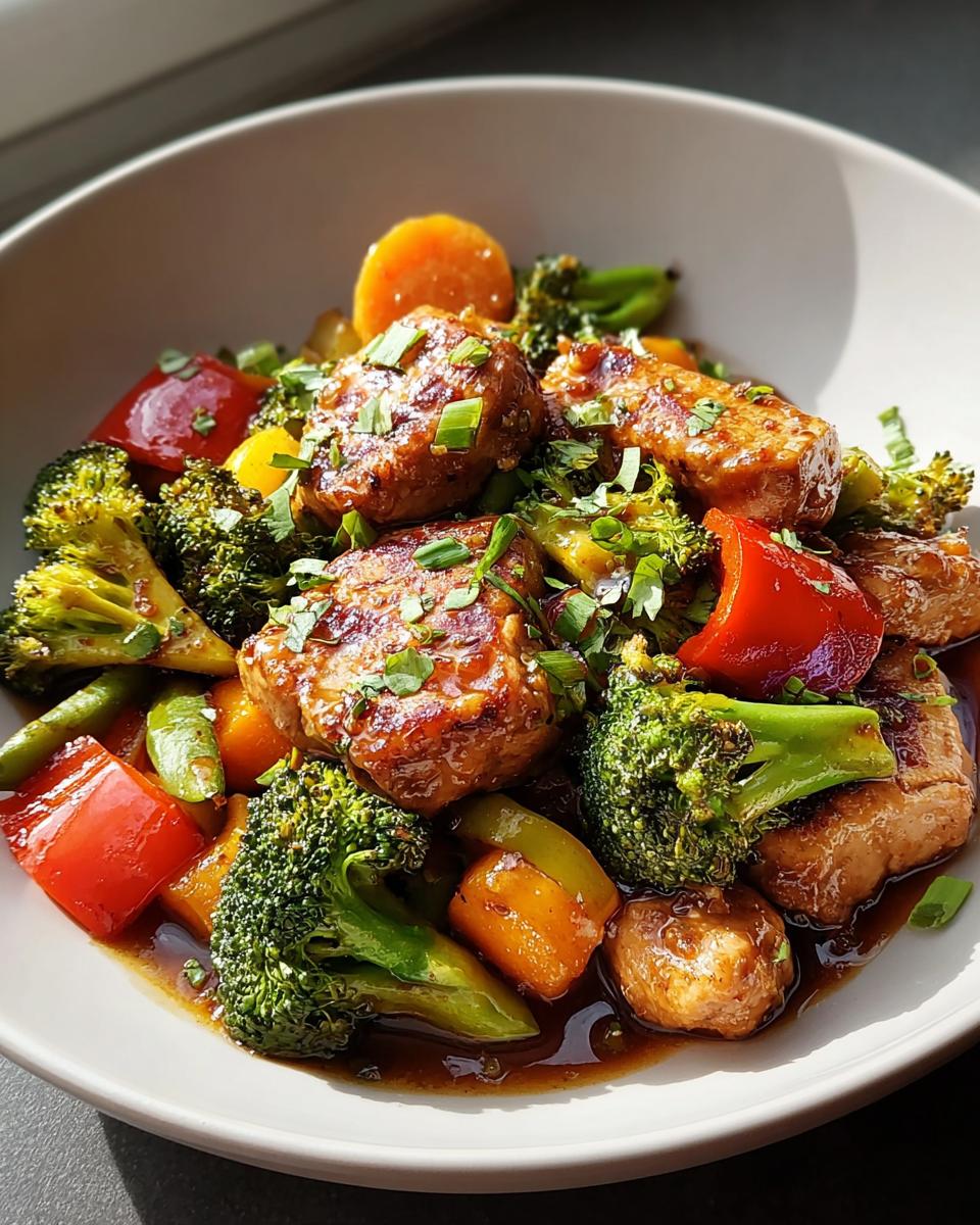 A vibrant bowl showcasing a healthy meal recipe with glazed protein pieces, broccoli, peppers, and carrots in a savory sauce.
