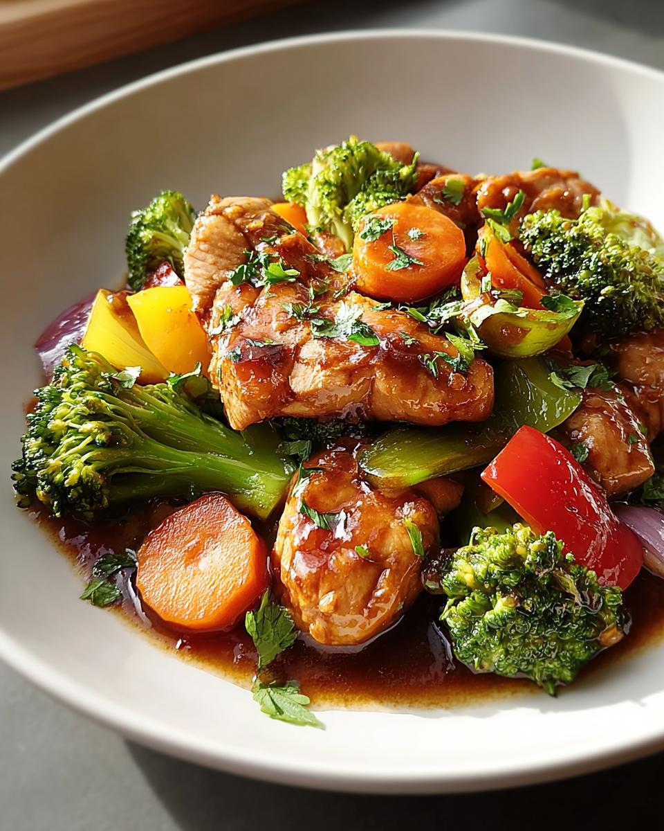 Close-up of a healthy meal recipe: chicken pieces coated in brown sauce with vibrant broccoli, carrots, and peppers.