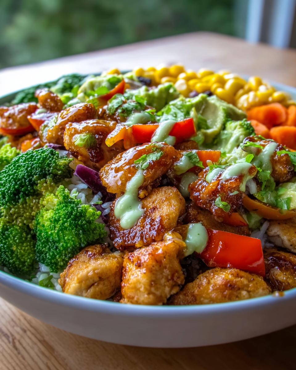 Close-up of a vibrant bowl featuring glazed chicken pieces, broccoli, corn, carrots, and avocado, perfect for Healthy Meals Recipes Meal Prep.