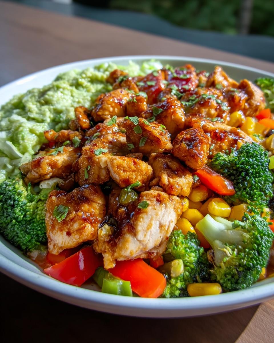 Close-up of a healthy meal prep bowl featuring glazed chicken pieces, broccoli, corn, and guacamole.