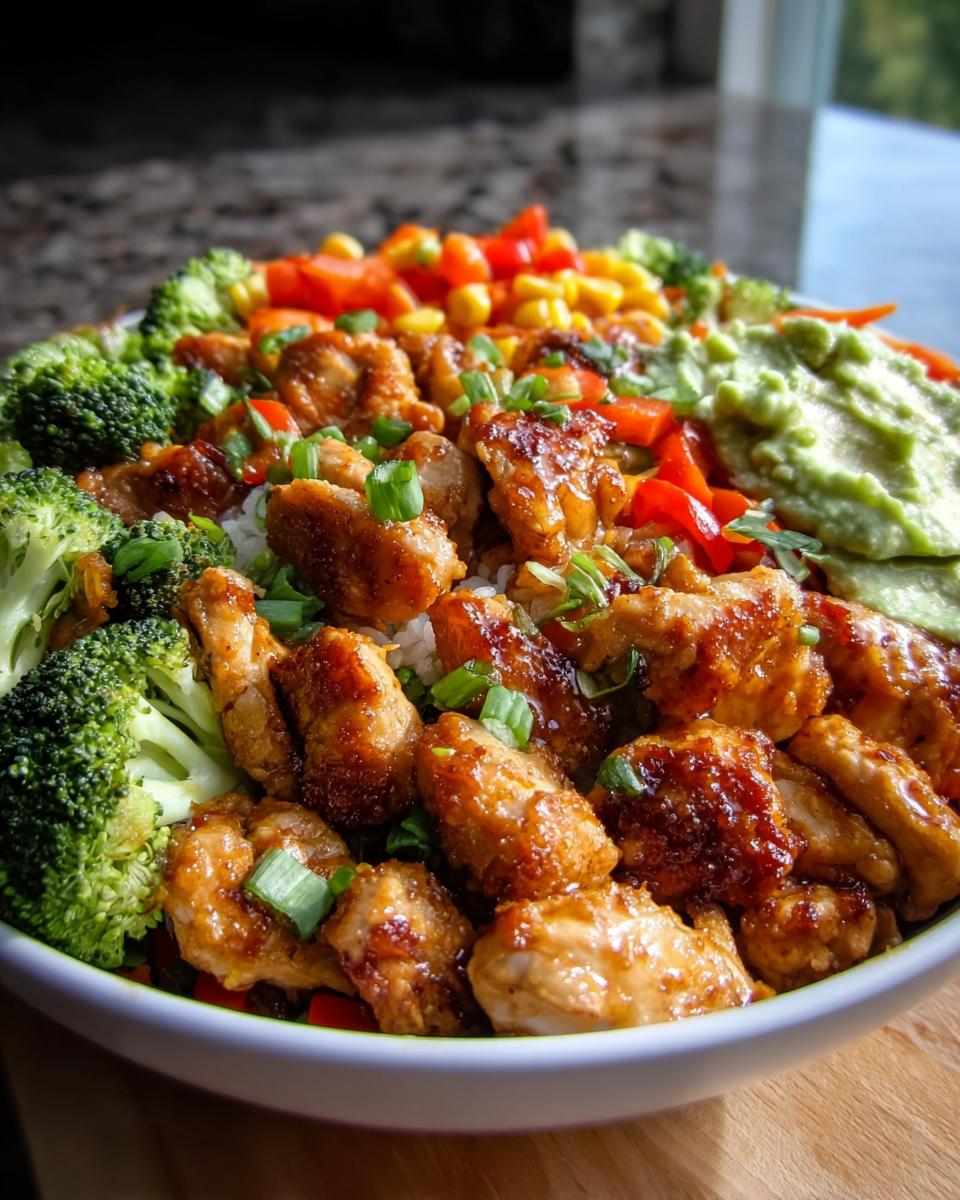Close-up of a healthy meals recipes meal prep bowl featuring glazed chicken, broccoli, corn, peppers, and guacamole.