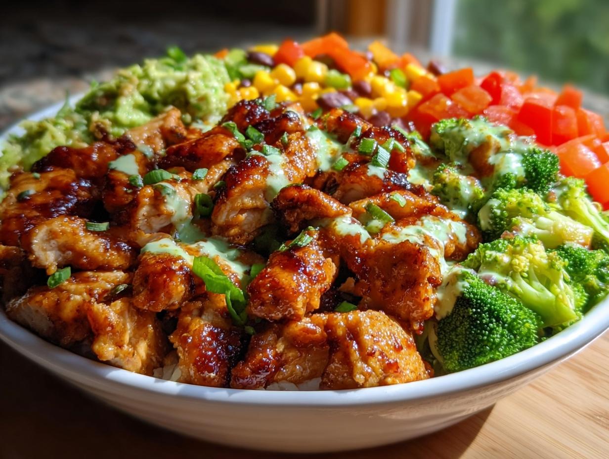 Close-up of a healthy meals recipe prep bowl featuring glazed chicken, broccoli, guacamole, corn, and tomatoes.