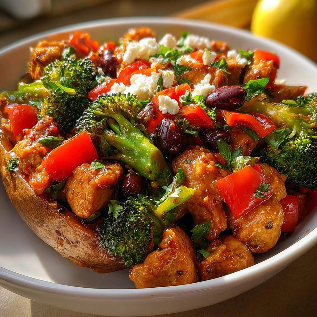 Close-up of a healthy stuffed sweet potato filled with seasoned chicken, broccoli, peppers, olives, and feta cheese.