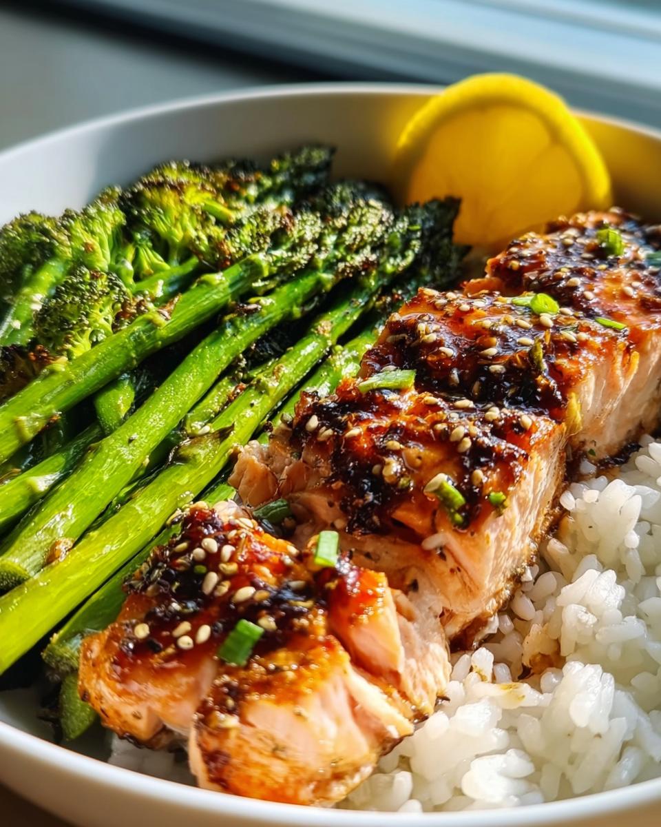 Close-up of a healthy salmon bowl with glazed salmon, roasted broccoli, and white rice, perfect for beginners.
