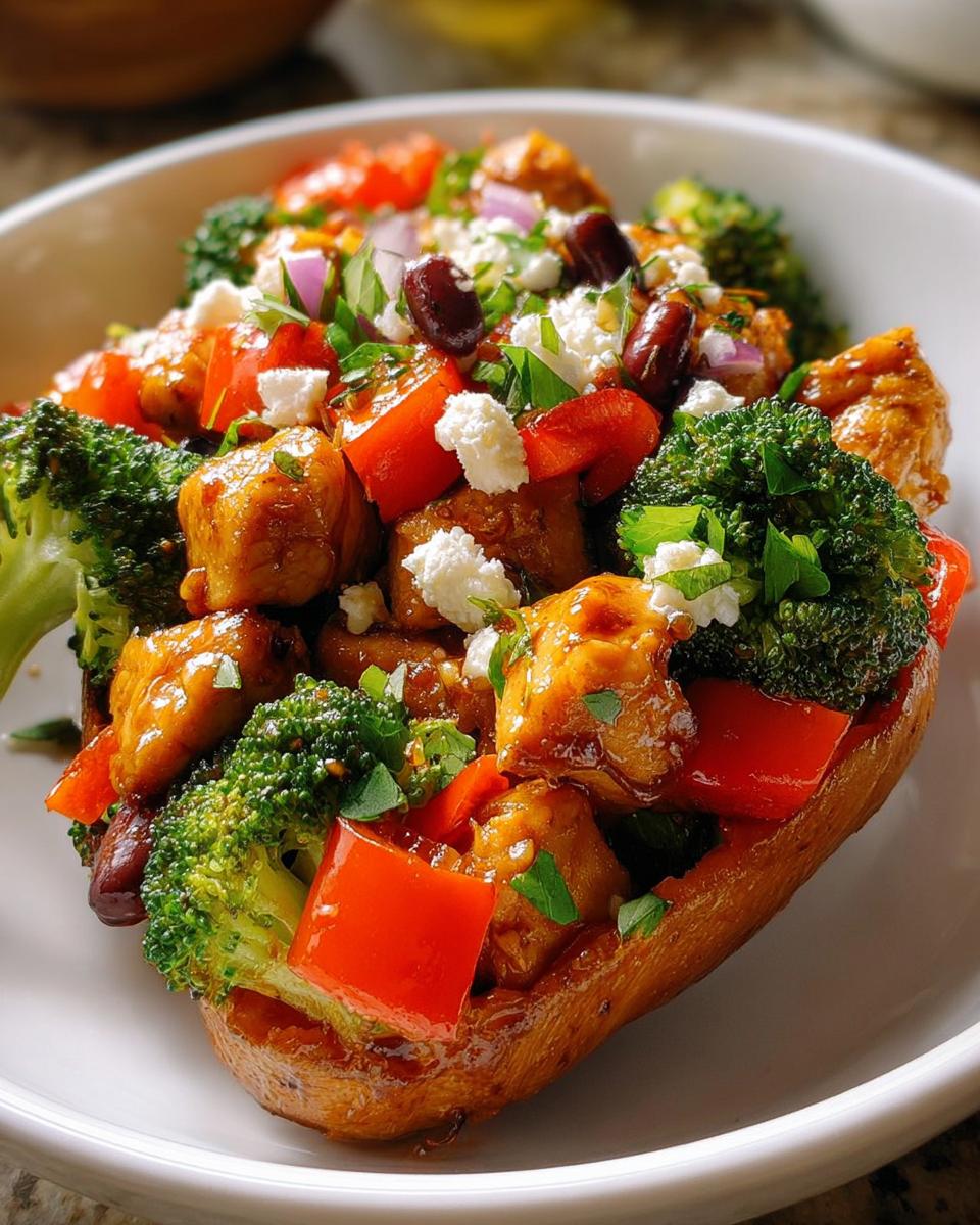 Close-up of a stuffed sweet potato filled with chicken, broccoli, red peppers, and feta cheese, a perfect example of healthy meals recipes.