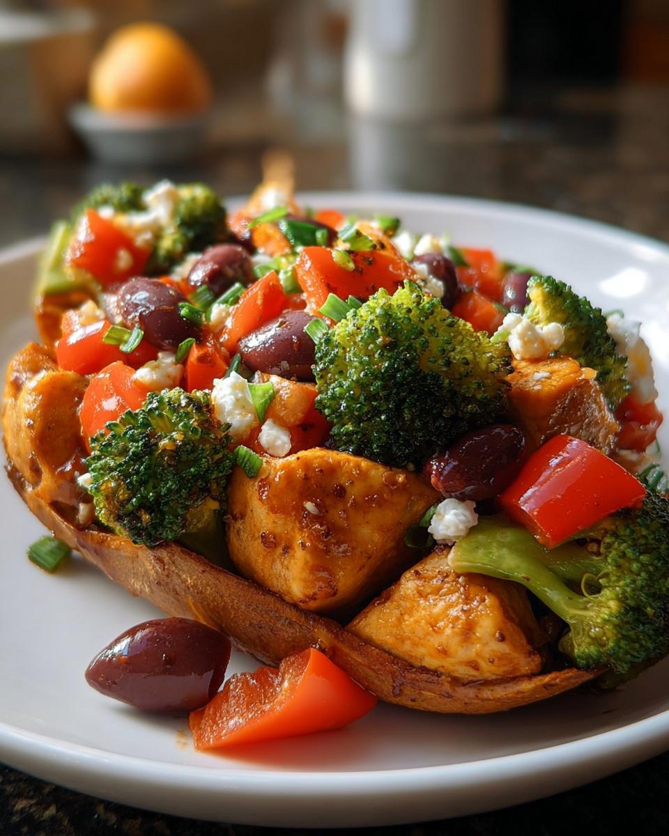 A healthy meal featuring a stuffed sweet potato topped with chicken, broccoli, tomatoes, olives, and feta.