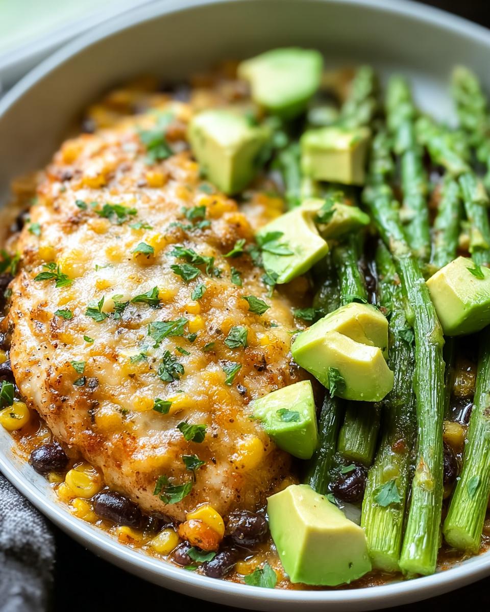 Close-up of a healthy one-pan recipe featuring cheesy chicken breast with corn, black beans, roasted asparagus, and avocado chunks.