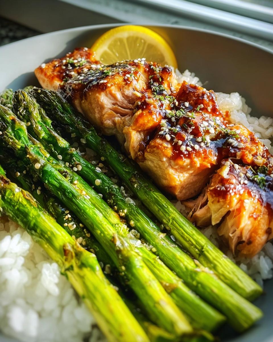A healthy meal featuring glazed salmon, bright green asparagus, and white rice, part of The Ultimate Healthy Meals Recipes Guide for Beginners.