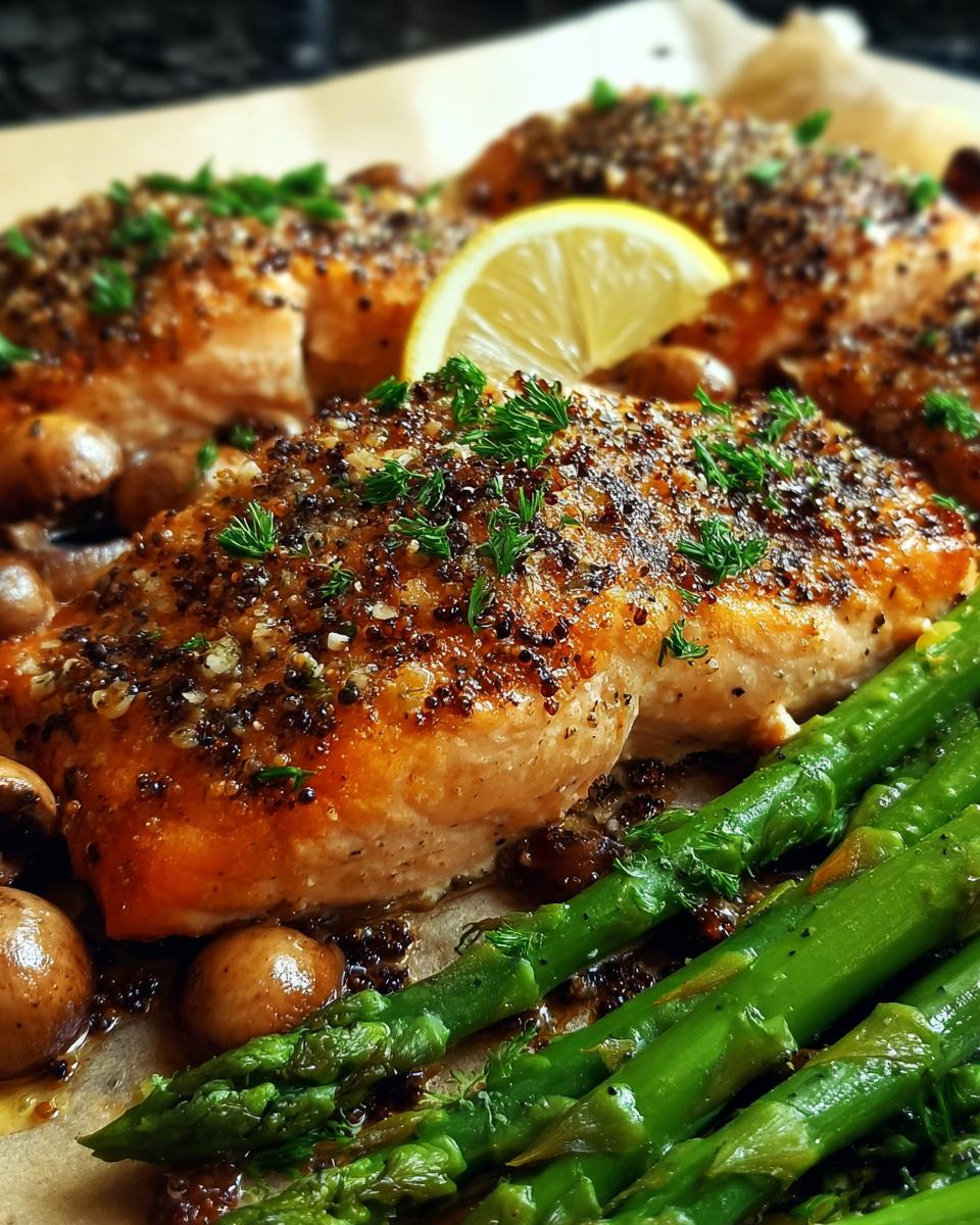 Close-up of baked salmon fillet topped with spices, served with bright green asparagus and mushrooms for healthy meals recipes.