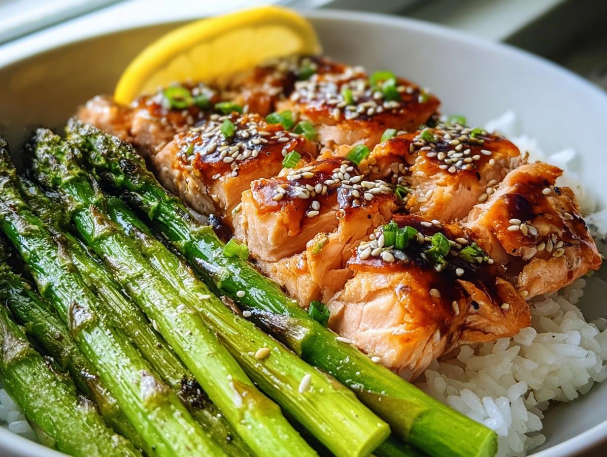 A healthy salmon bowl featuring glazed salmon, roasted asparagus, and white rice, perfect for The Ultimate Healthy Meals Recipes Guide for Beginners.