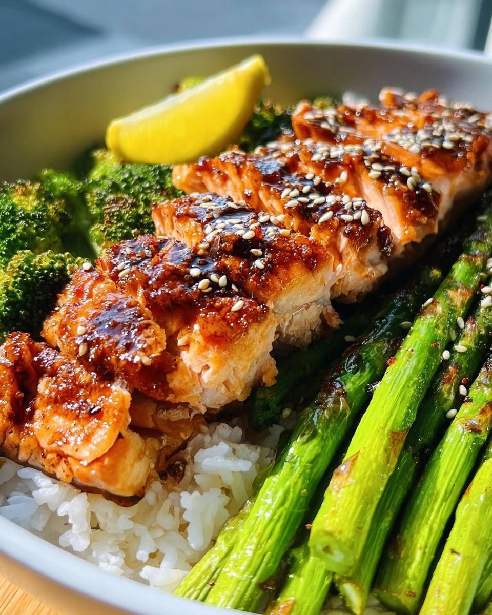 Close-up of a healthy salmon bowl with glazed salmon, rice, broccoli, and asparagus.
