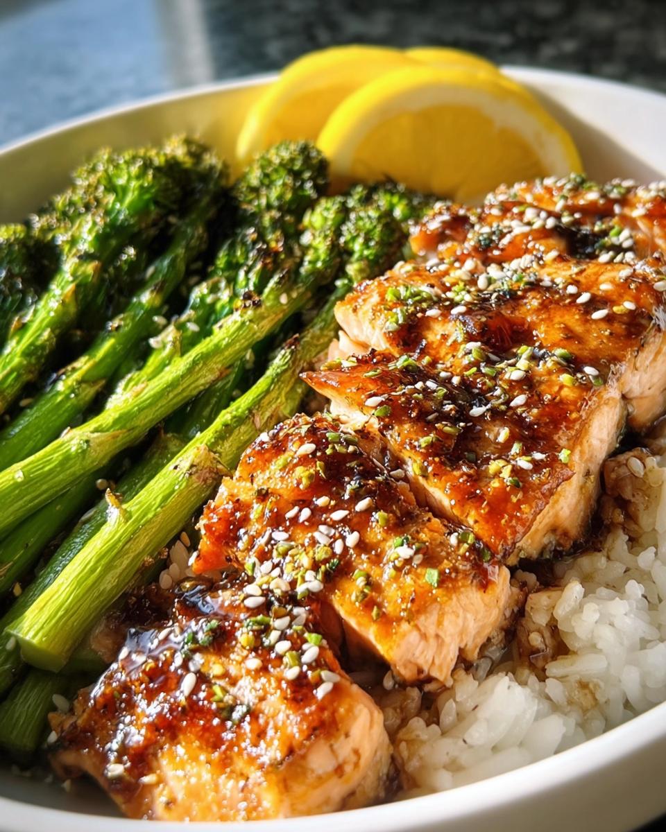 A close-up of a healthy teriyaki salmon bowl with roasted asparagus, white rice, and lemon slices.