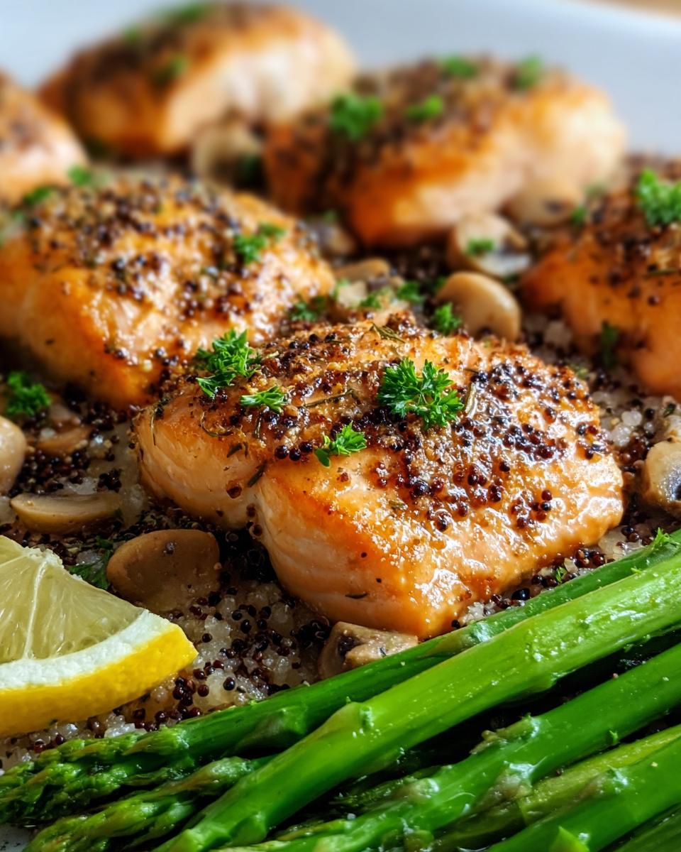 Close-up of baked salmon fillets with mustard crust served over quinoa, mushrooms, and asparagus, a great choice for healthy meals recipes.