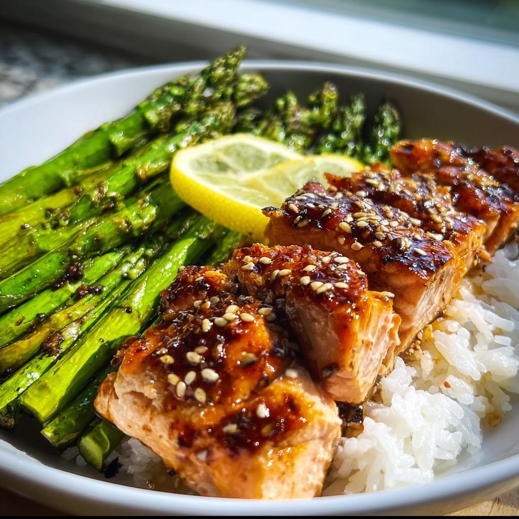 Glazed salmon pieces served over white rice with roasted asparagus and a lemon slice, perfect for healthy meals recipes for beginners.