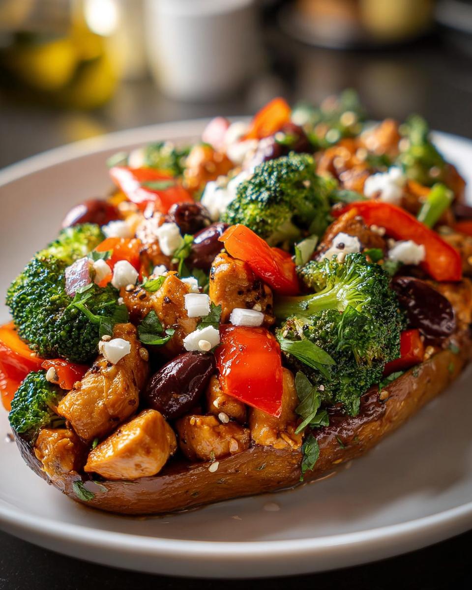 A healthy stuffed sweet potato topped with chicken, broccoli, red peppers, olives, and feta cheese.
