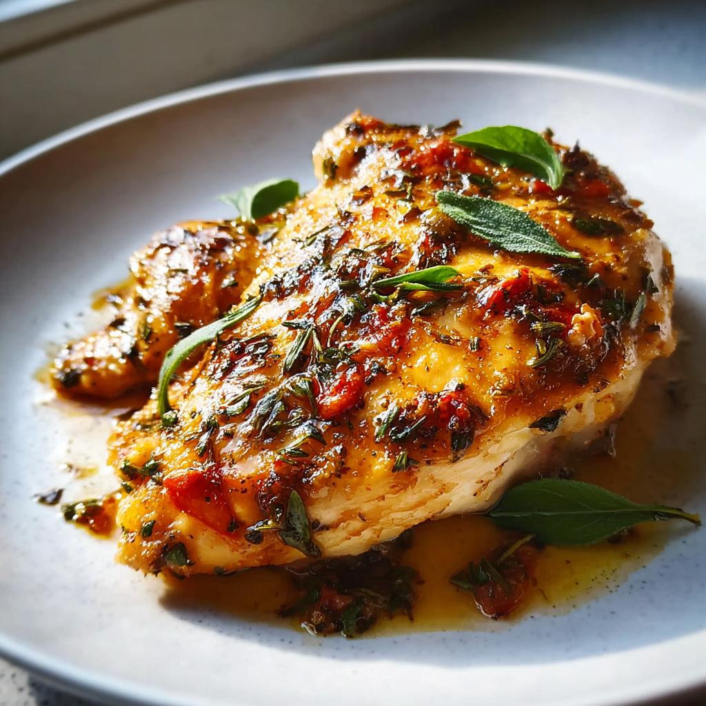 A juicy, pan-seared chicken breast topped with herbs and a savory glaze, perfect for The Ultimate Chicken Recipes Guide.