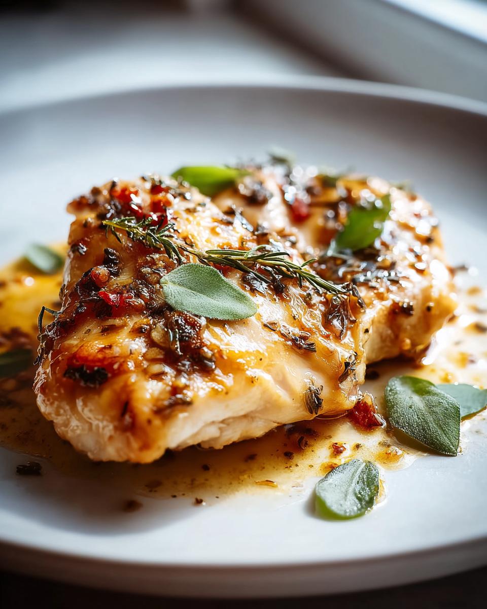 A beautifully glazed chicken breast topped with fresh sage and rosemary, part of The Ultimate Chicken Recipes Guide for Beginners.