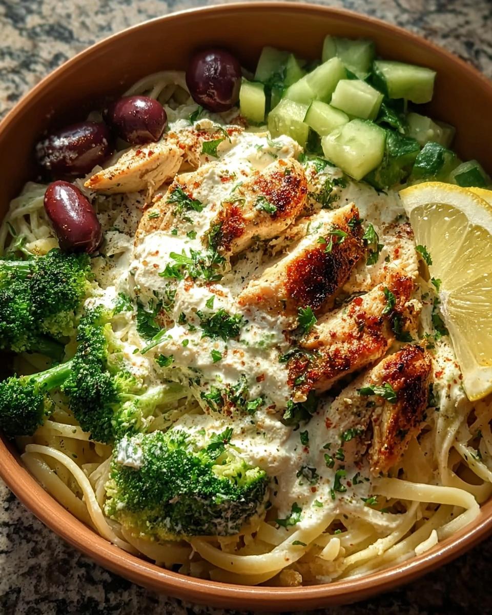 A bowl of creamy pasta topped with sliced grilled chicken, broccoli, olives, and cucumbers, perfect for High-Protein Healthy Dinners for Energy.